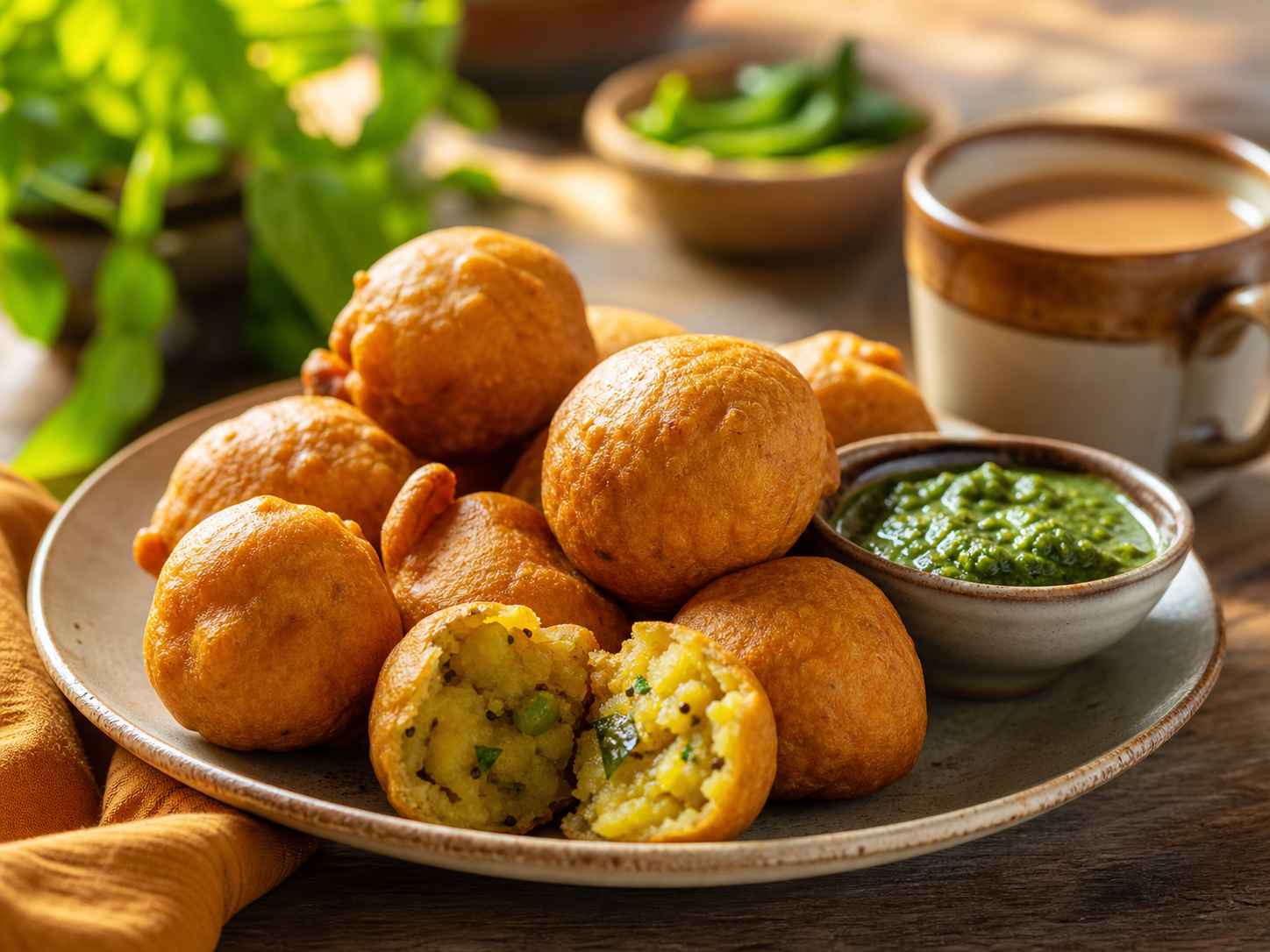 Golden aloo bonda potato fritters with green chutney