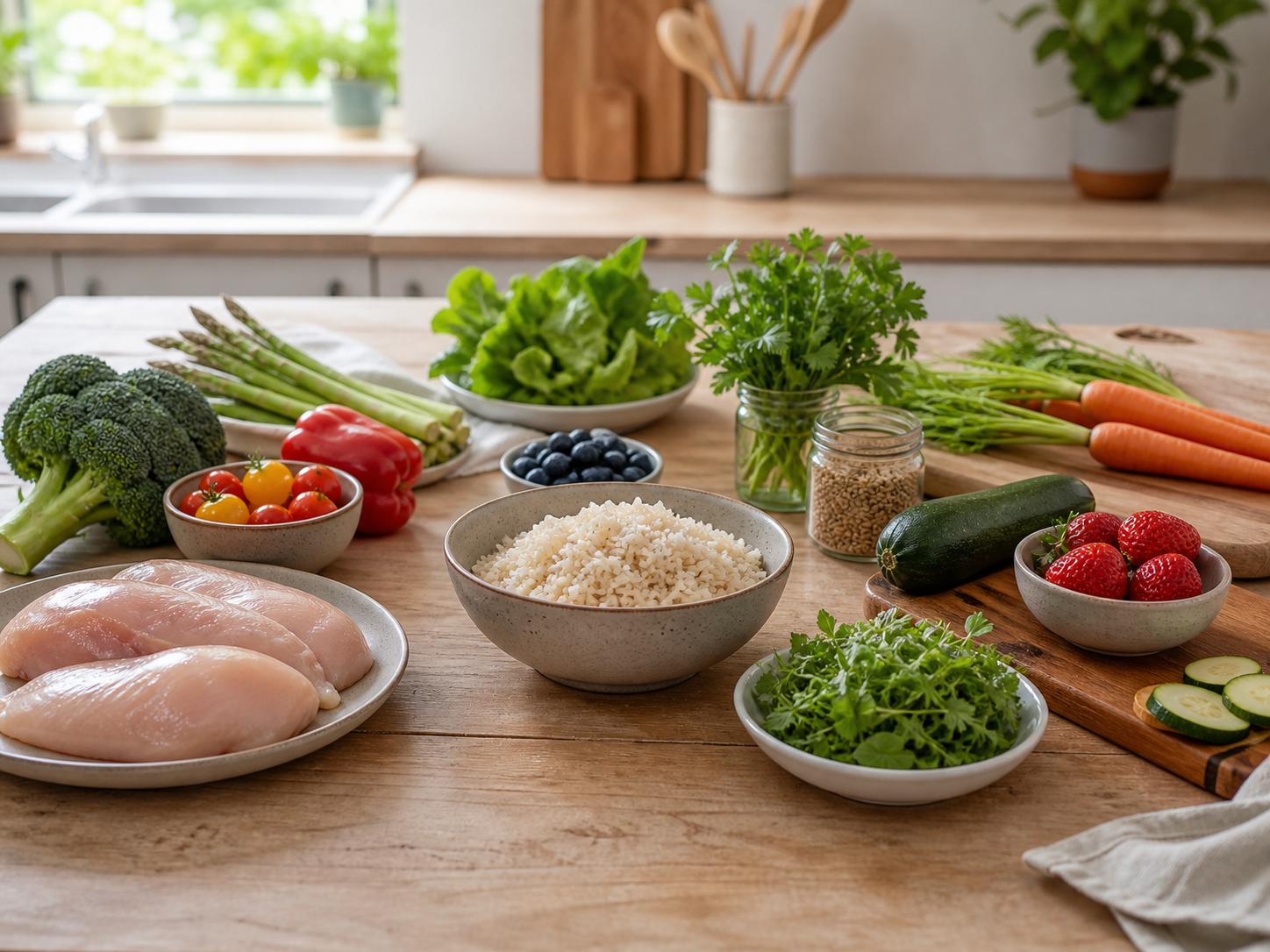 Fresh vegetables, rice, herbs, berries and simple meal ingredients arranged on a kitchen table