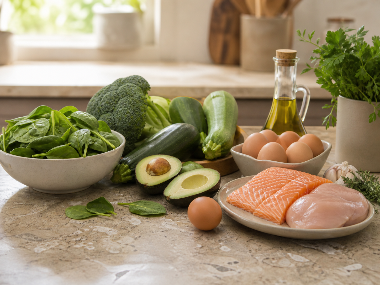 Fresh low-carb ingredients including leafy greens, broccoli, zucchini, avocado, eggs, salmon and chicken on a kitchen counter