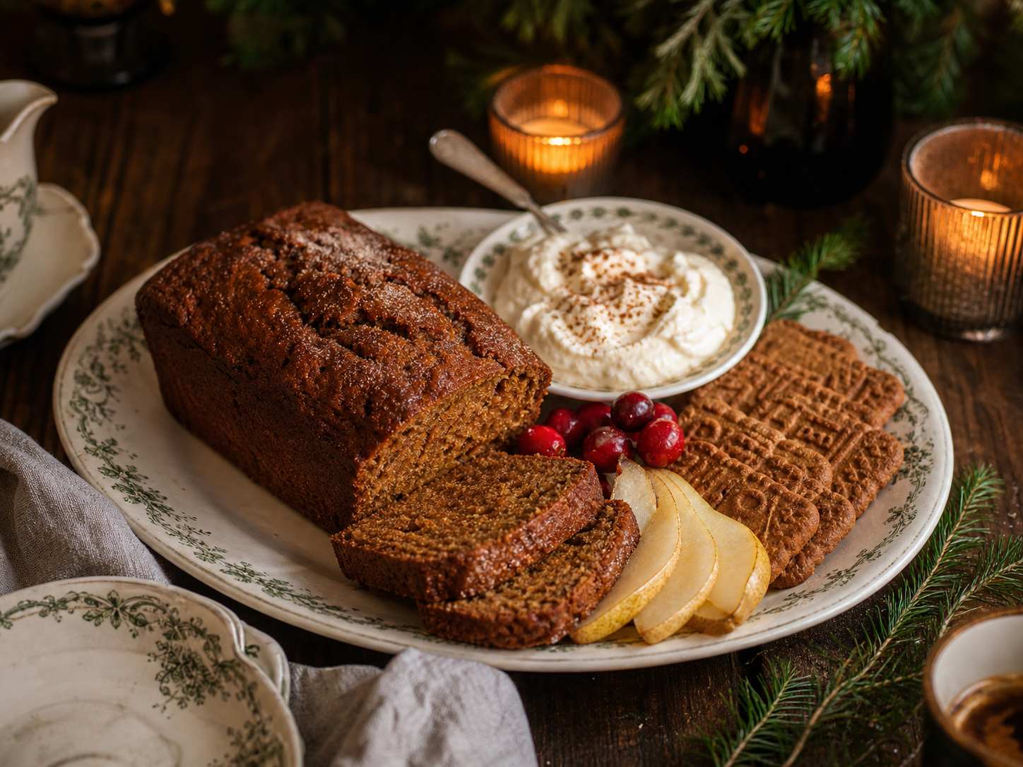 Belgian-inspired Christmas dessert table with spiced loaf cake, biscuits, pear and cranberries