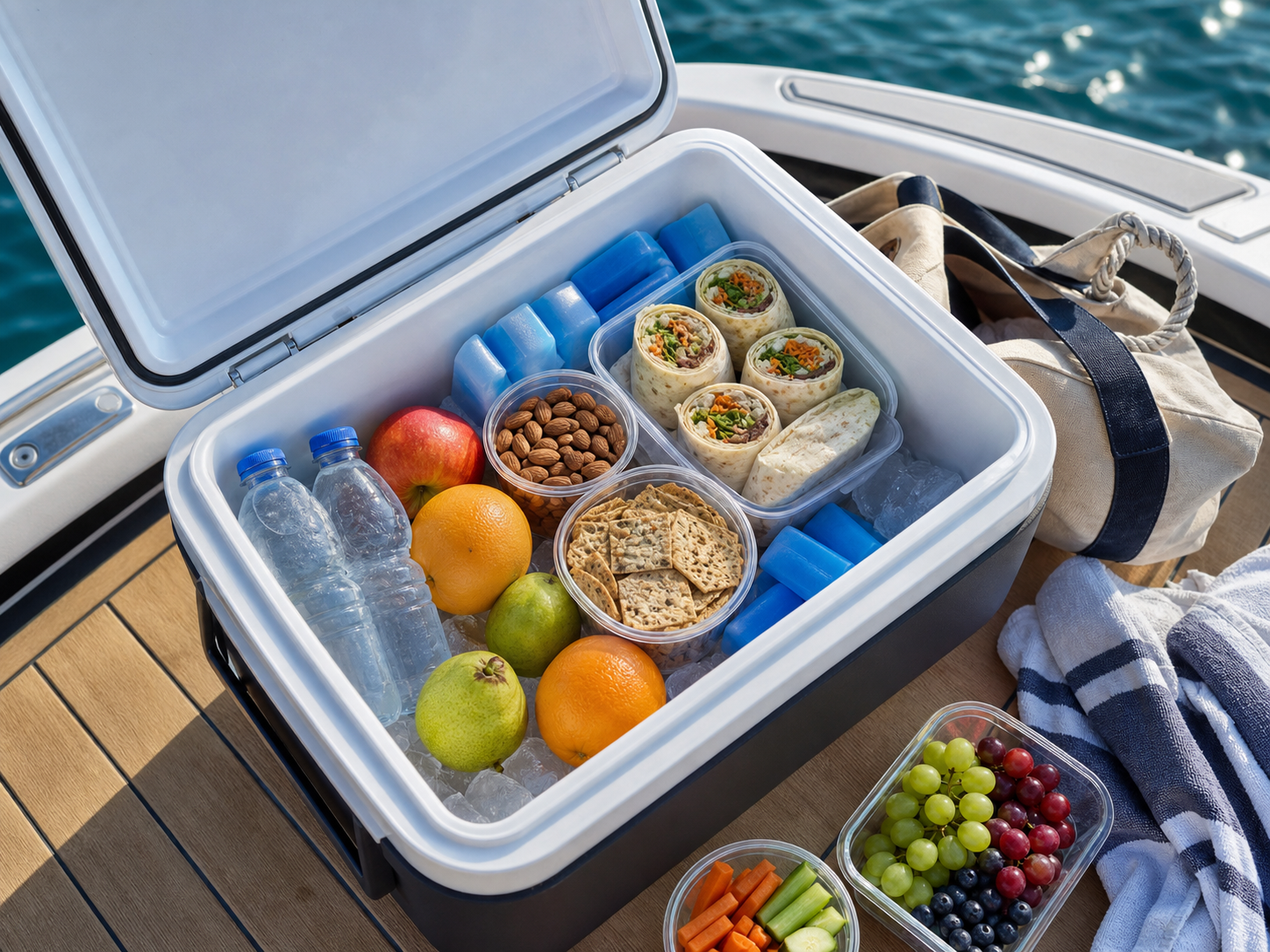 Insulated cooler, water bottles, fruit, wraps and snacks packed on a small boat deck