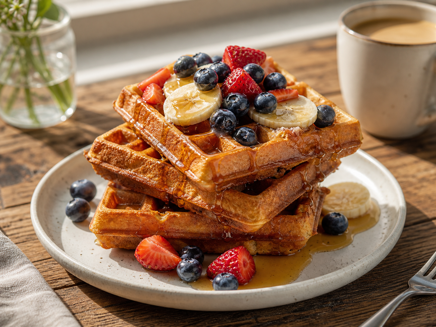 Golden dairy-free waffles topped with berries, banana and maple syrup