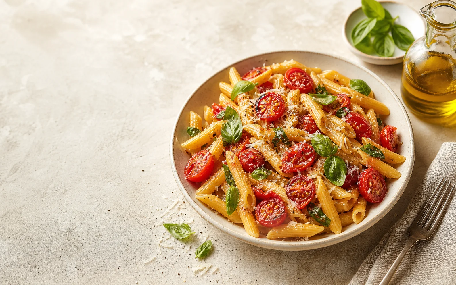Penne pasta with cherry tomatoes, basil and parmesan