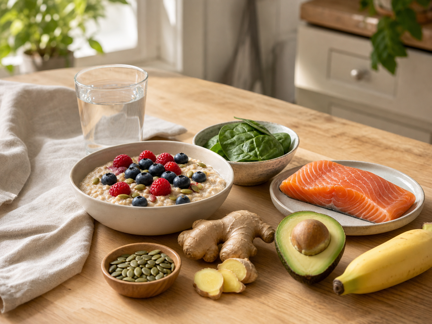 A home kitchen table with water, oats, berries, salmon, spinach, avocado and ginger
