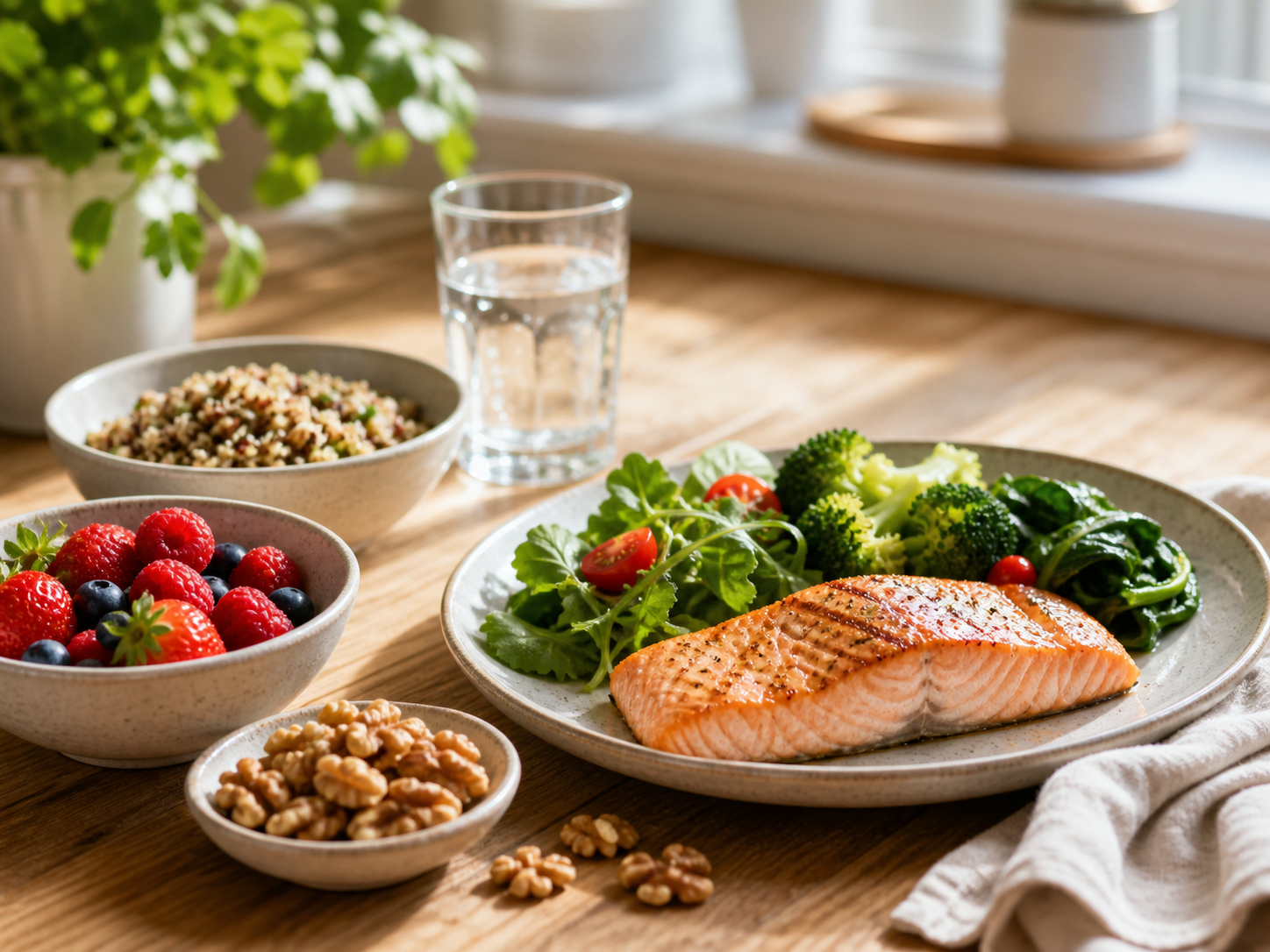 Salmon, greens, berries, walnuts, grains and water arranged on a sunlit kitchen table