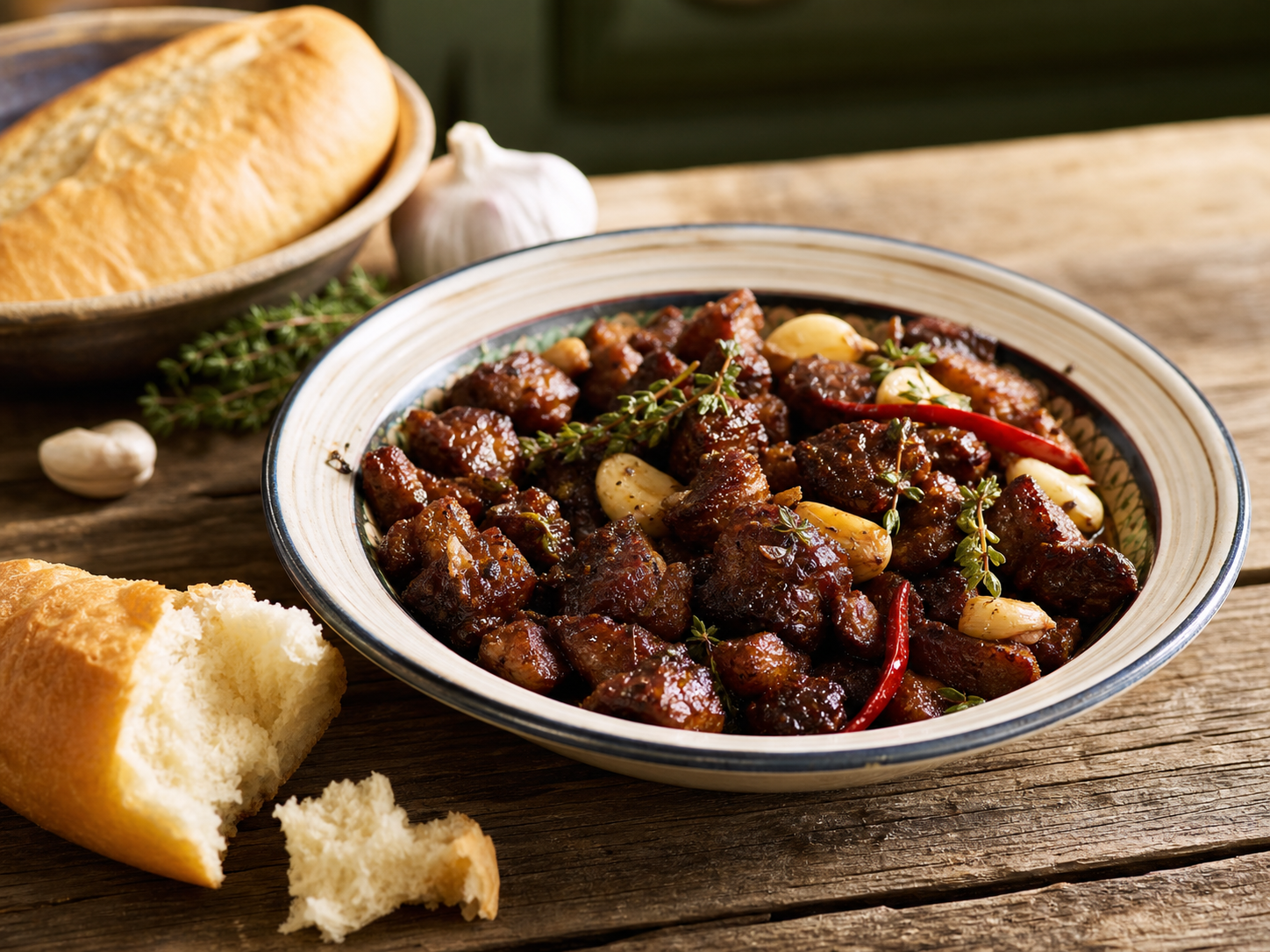 Guyanese-style garlic pork in a serving bowl with garlic, thyme and bread