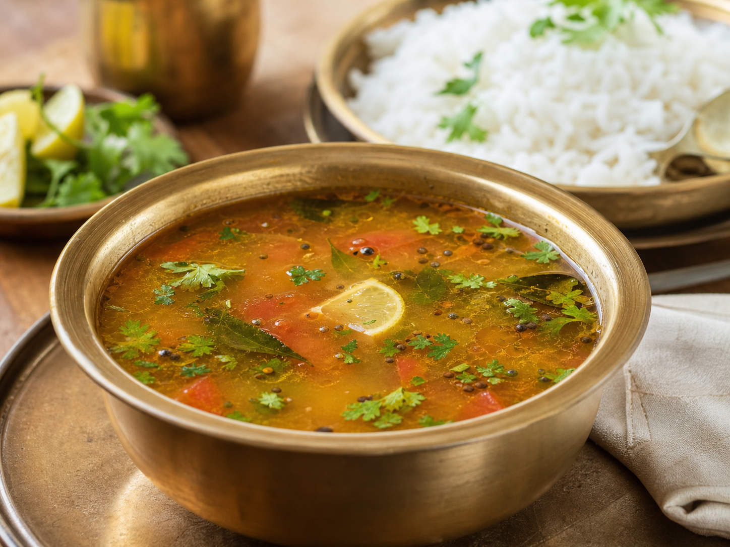 Golden lemon rasam in a small bowl with curry leaves and coriander