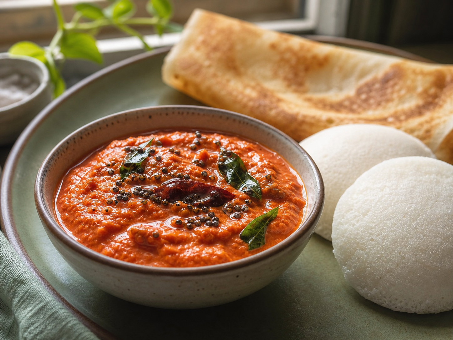 Red-orange onion tomato chutney served with idli and dosa