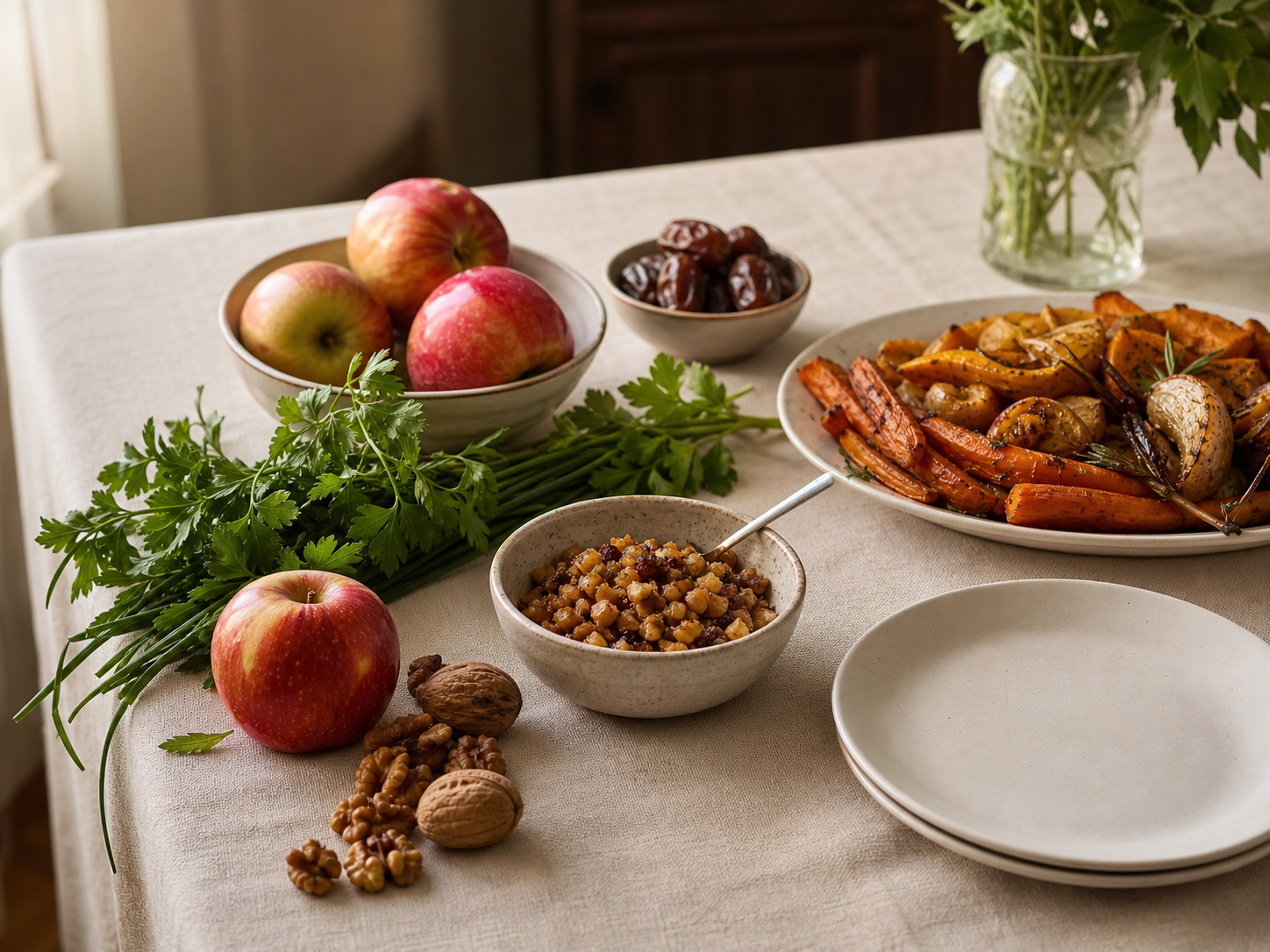 Apples, herbs, walnuts, dates, charoset and roasted vegetables arranged on a home table