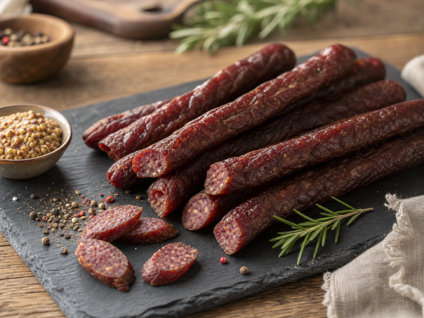 Homemade pork snack sticks on a rustic board with mustard and herbs