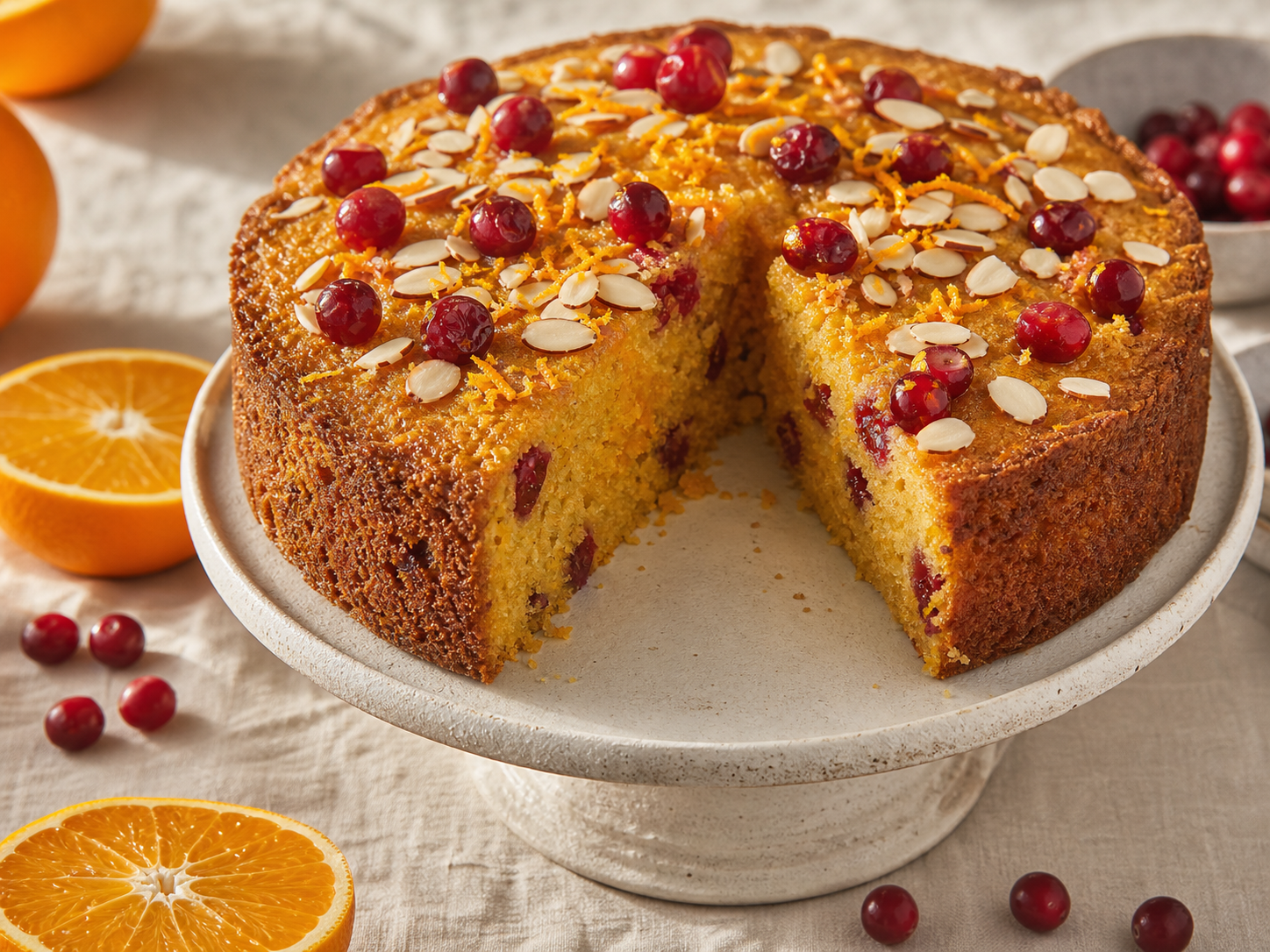 Golden vegan orange cranberry and almond polenta cake with a slice removed on a cream cake stand