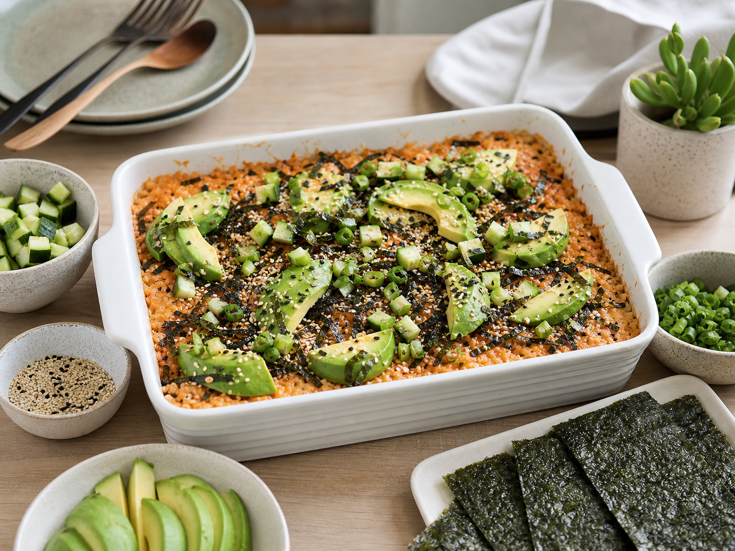 Vegan sushi bake with avocado, cucumber, sesame and nori